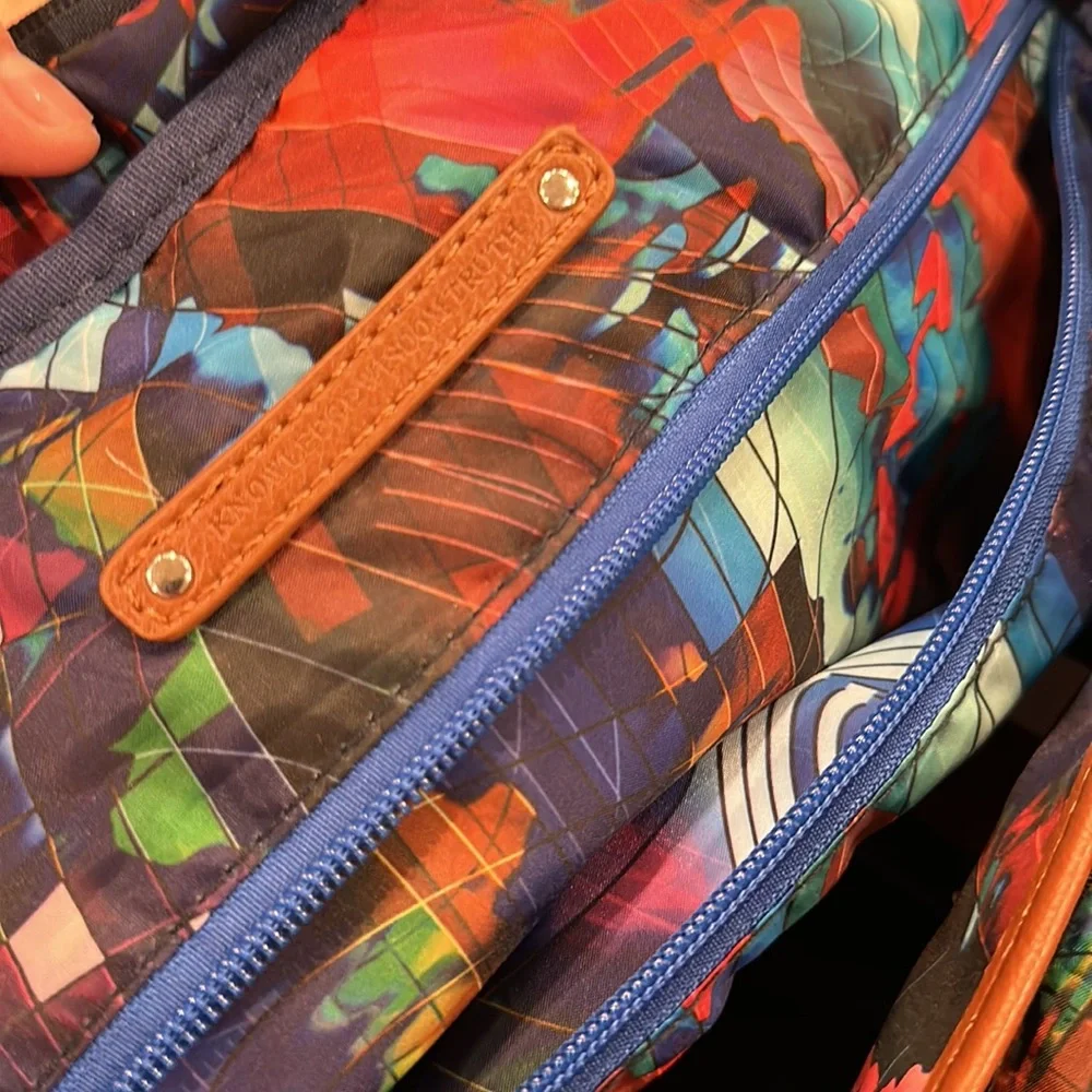 NWT Robert Graham navy blue duffel travel bag with brown leather trim